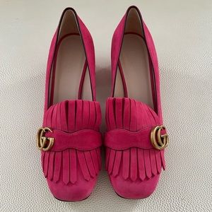 Gucci Kid Scamosciato GG Marmont Fringe Loafer Pumps 39 Hot Pink